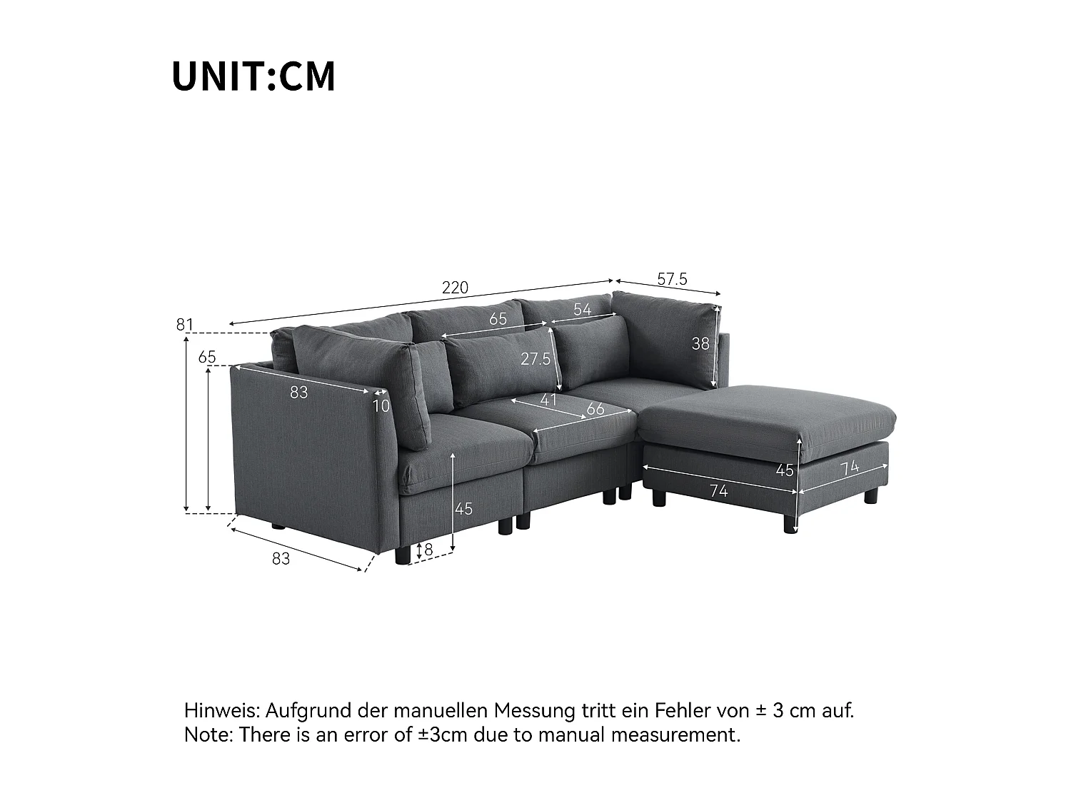 Canapé d'angle 3-4 places avec coussins et pouf, style contemporain, lin gris, pour salon ou appartement