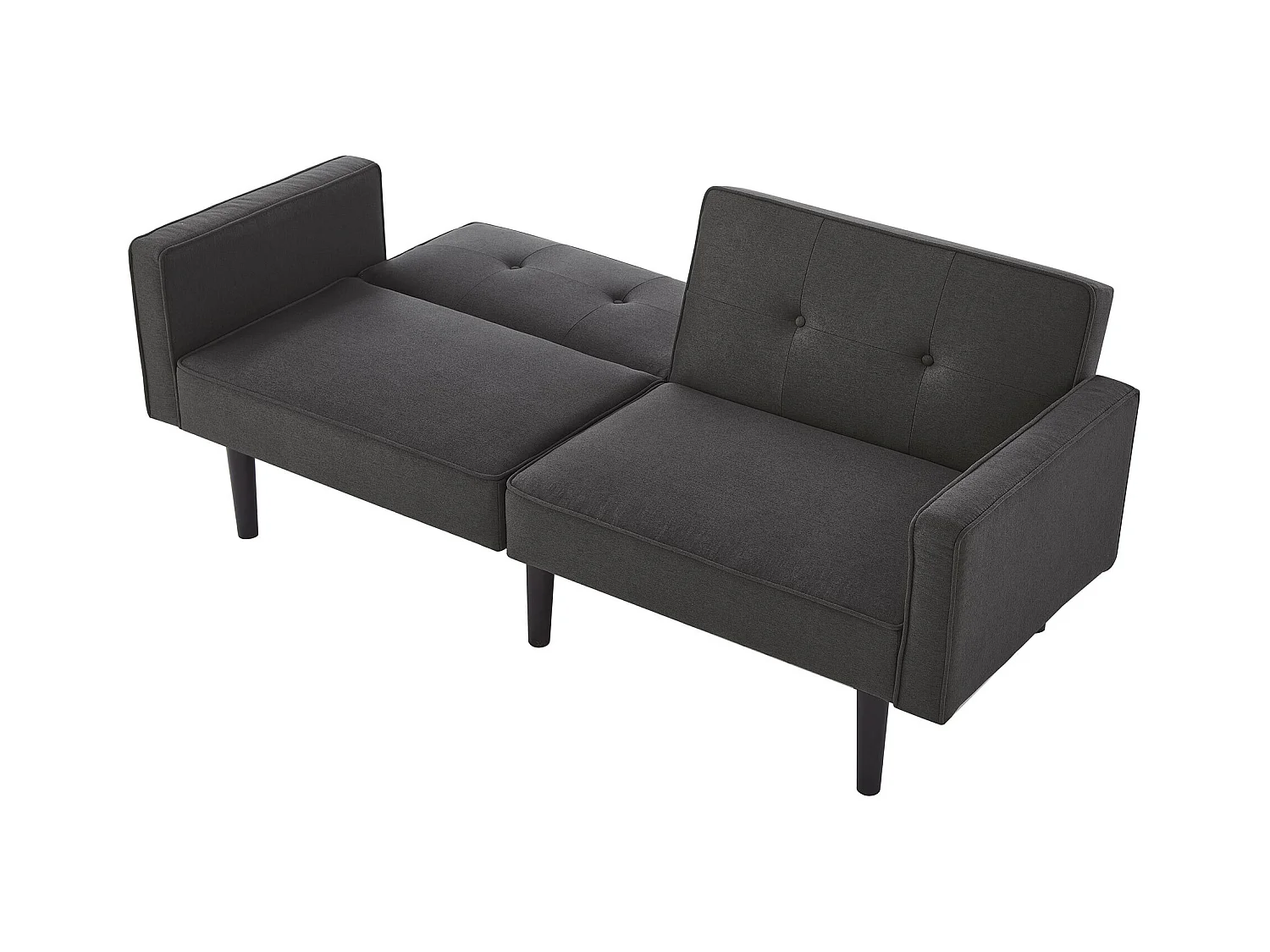 Dwuosobowa sofa z czarnej tkaniny lnianej z regulowanym, wyściełanym oparciem i drewnianymi nogami – do salonu lub sypialni