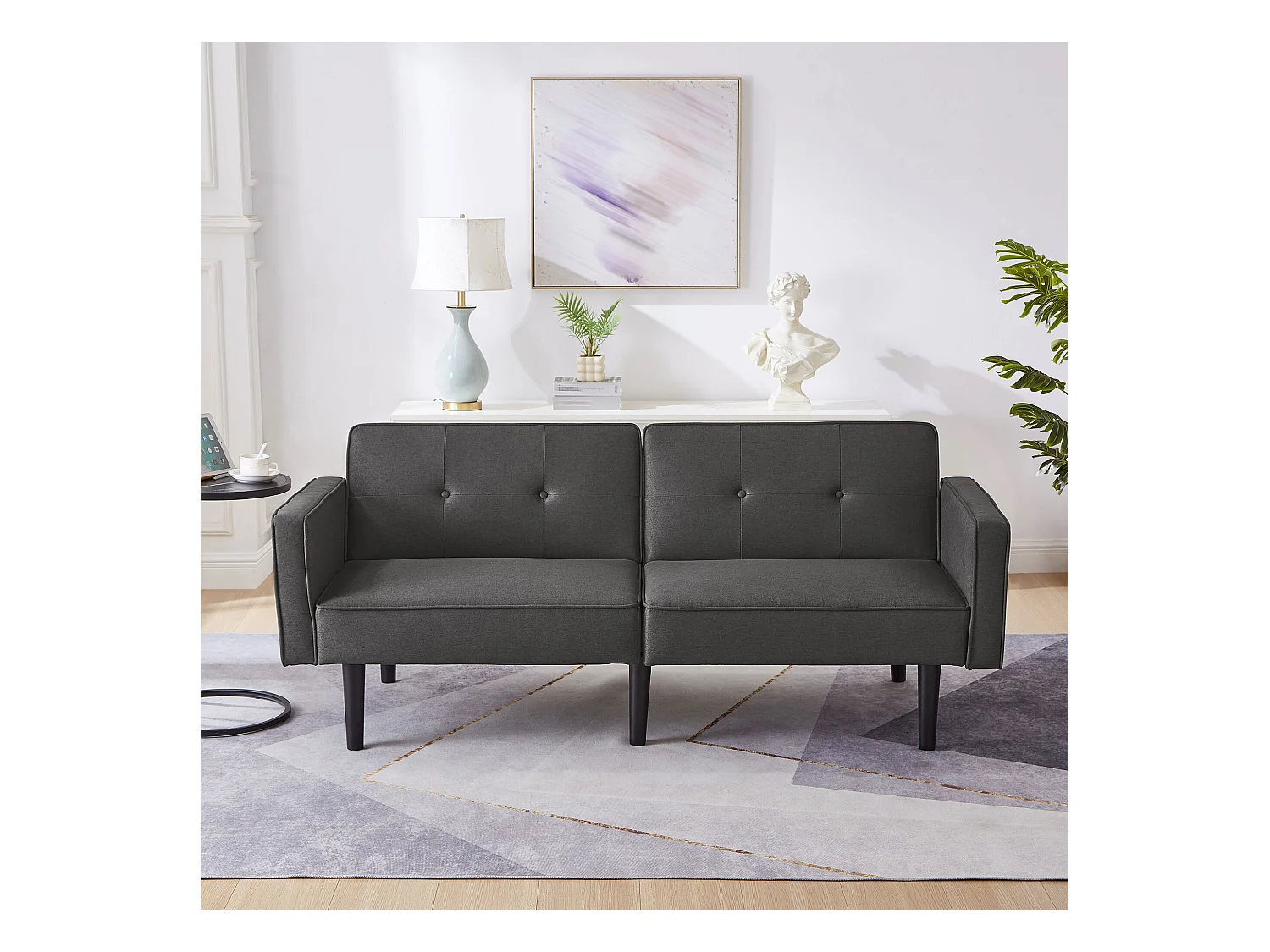 Canapé 2 places tissu lin noir, avec dossier rembourré réglable, pieds en bois - pour salon ou chambre
