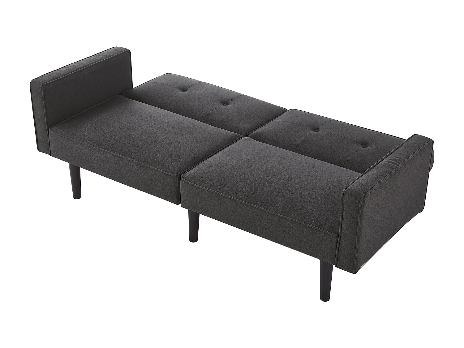 Zwarte linnen tweezitsbank met verstelbare, gewatteerde rugleuning en houten poten - voor woonkamer of slaapkamer