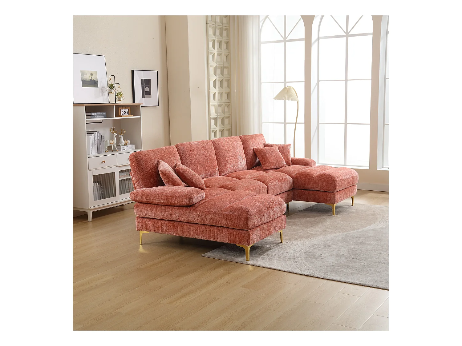 Sofa w kształcie litery U, różowy szenil, tapicerowana sofa z poduszkami i 2 poduszkami dekoracyjnymi, odpowiednia do salonu i sypialni