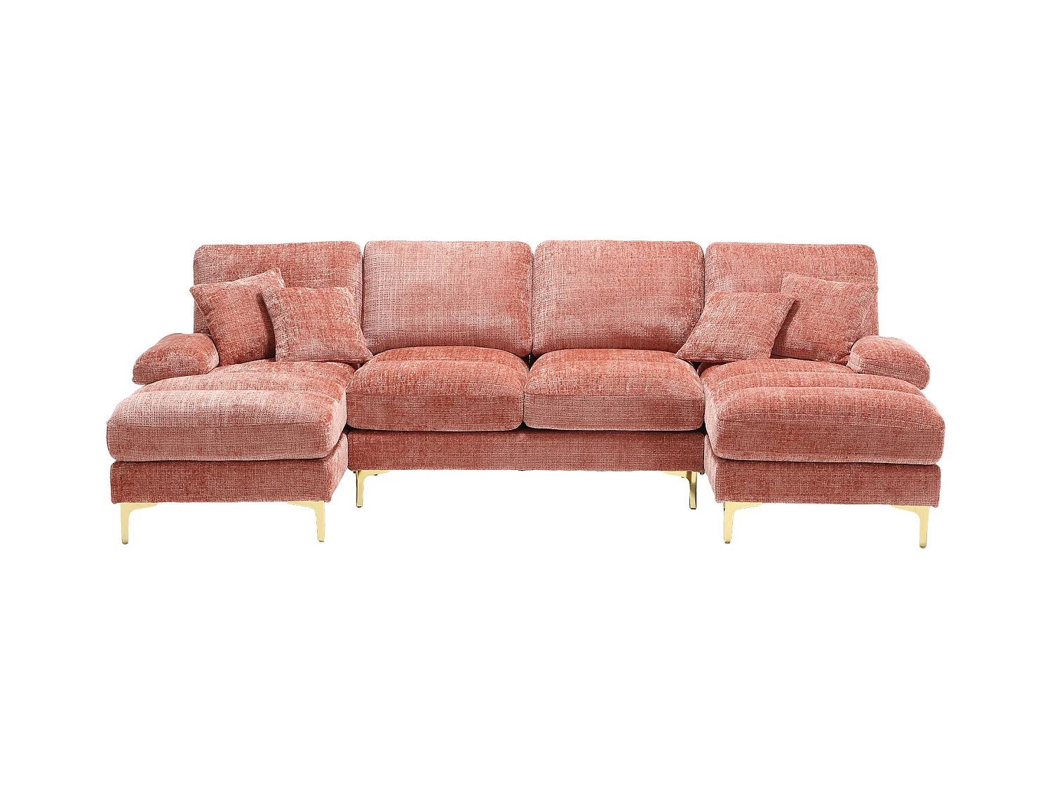Sofa w kształcie litery U, różowy szenil, tapicerowana sofa z poduszkami i 2 poduszkami dekoracyjnymi, odpowiednia do salonu i sypialni