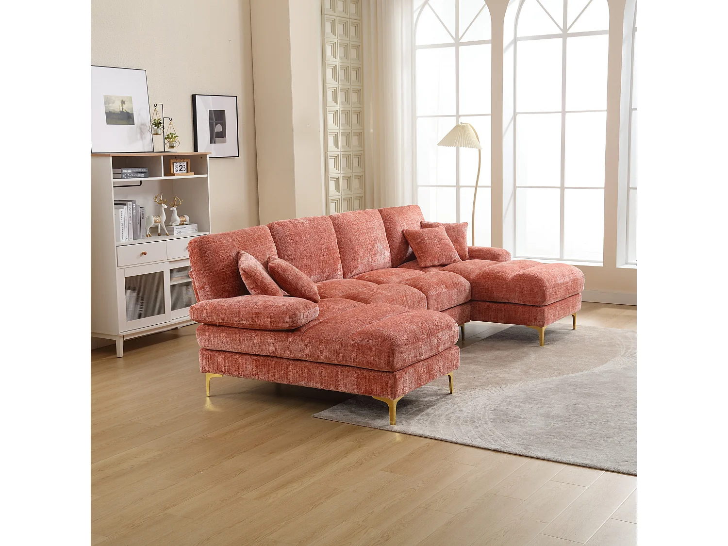 Canapé 4 places, chenille rose, Canapé rembourré avec coussins et 2 coussins décoratifs, pour salon et chambre