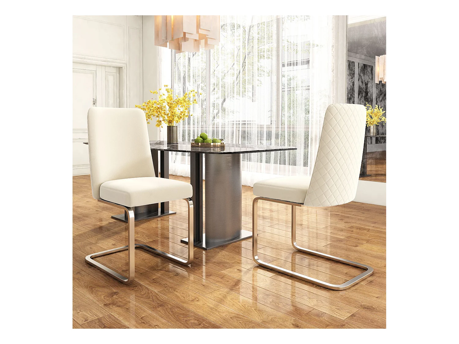 Lot de 2 chaises de salle à manger, velours beige, chaise avec dossier rembourré, pieds argentés