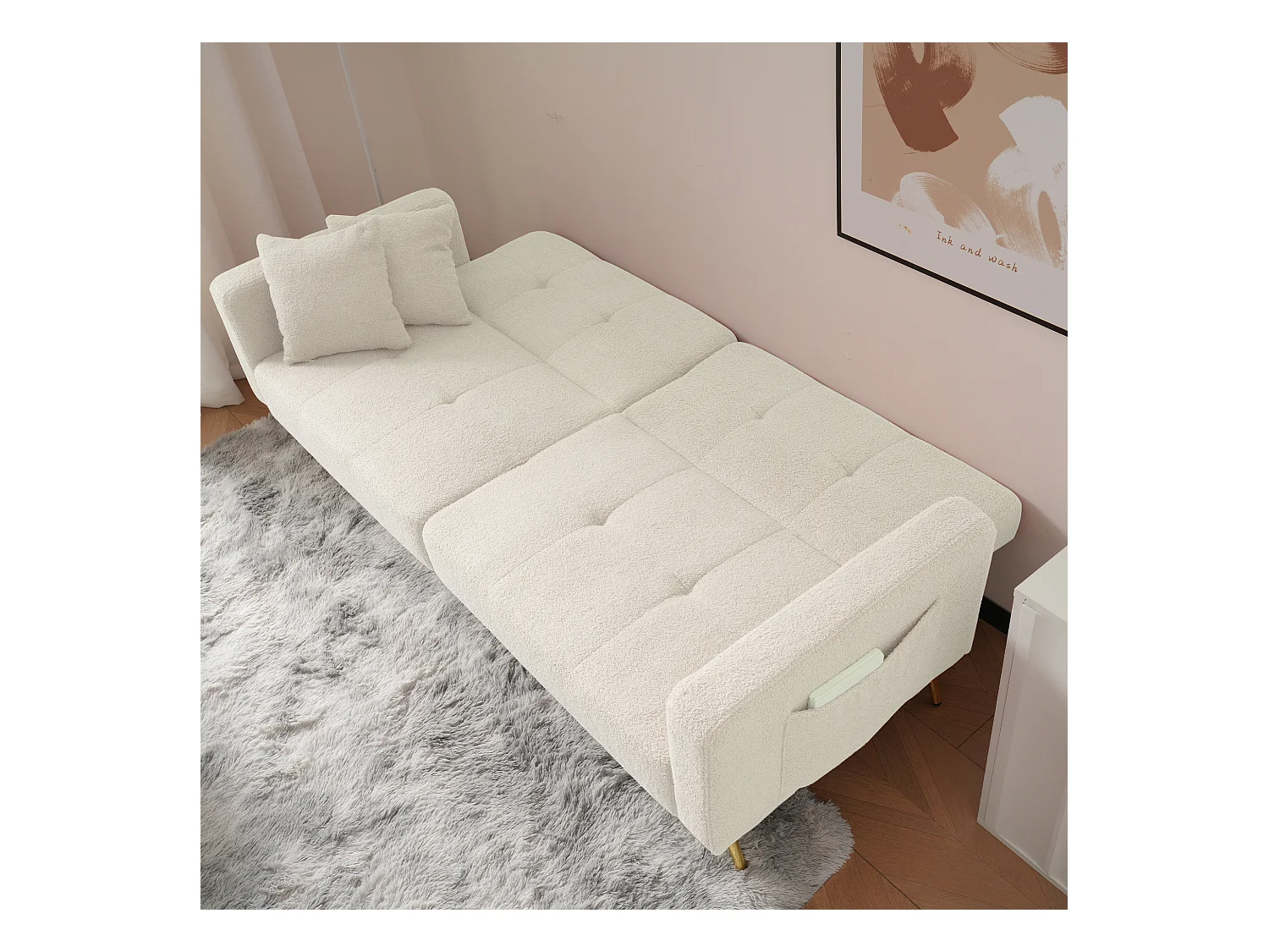 Divano da soggiorno, in peluche bianco, divanetto con schienale imbottito regolabile, gambe dorate