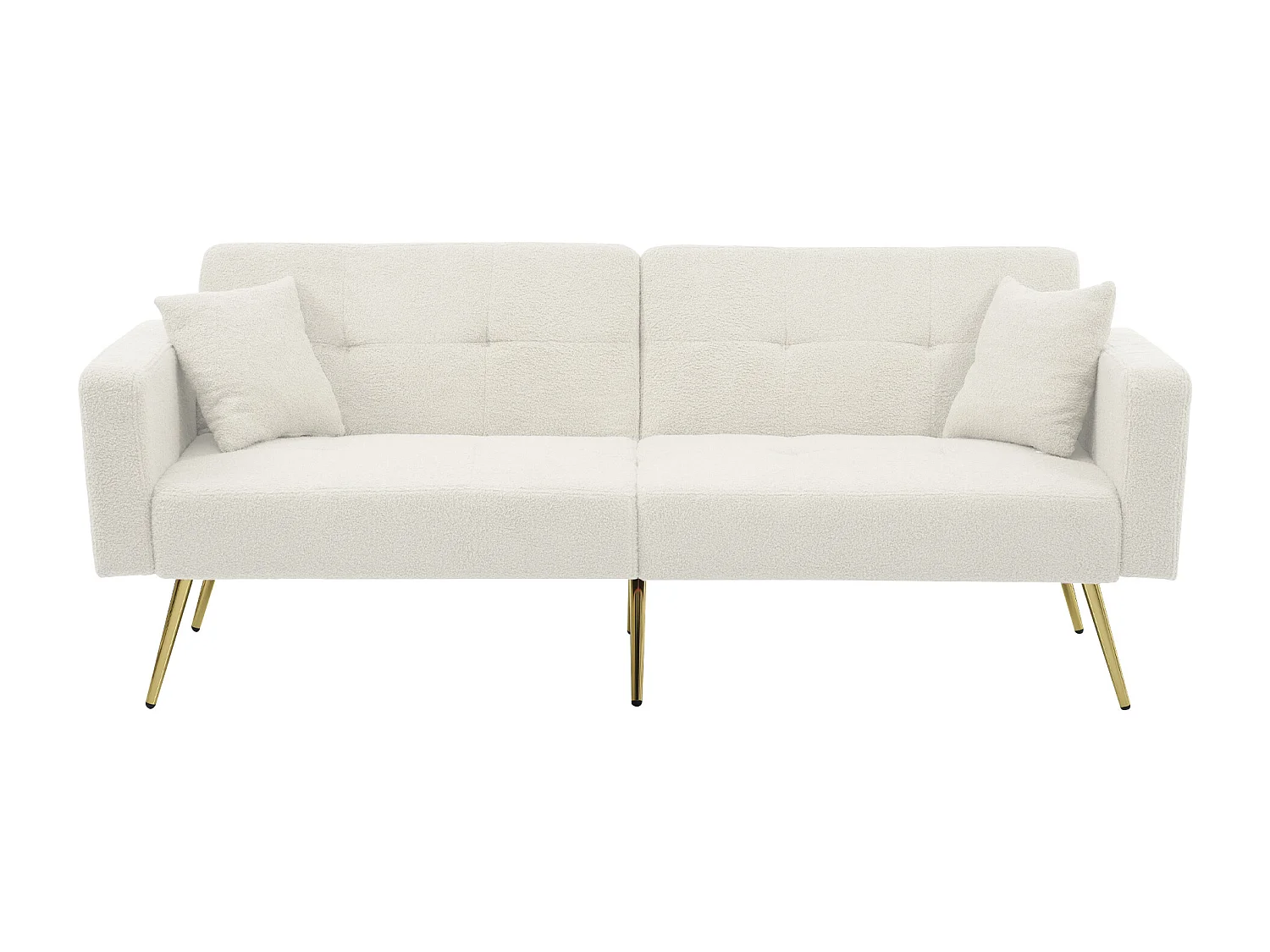 Canapé 2 places, peluche blanc, avec dossier rembourré réglable, pieds dorés
