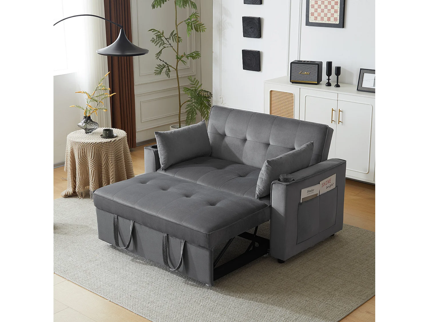 Canapé convertible 3-en-1 avec dossier réglable et porte-gobelets, velours gris, pour petit espace ou studio