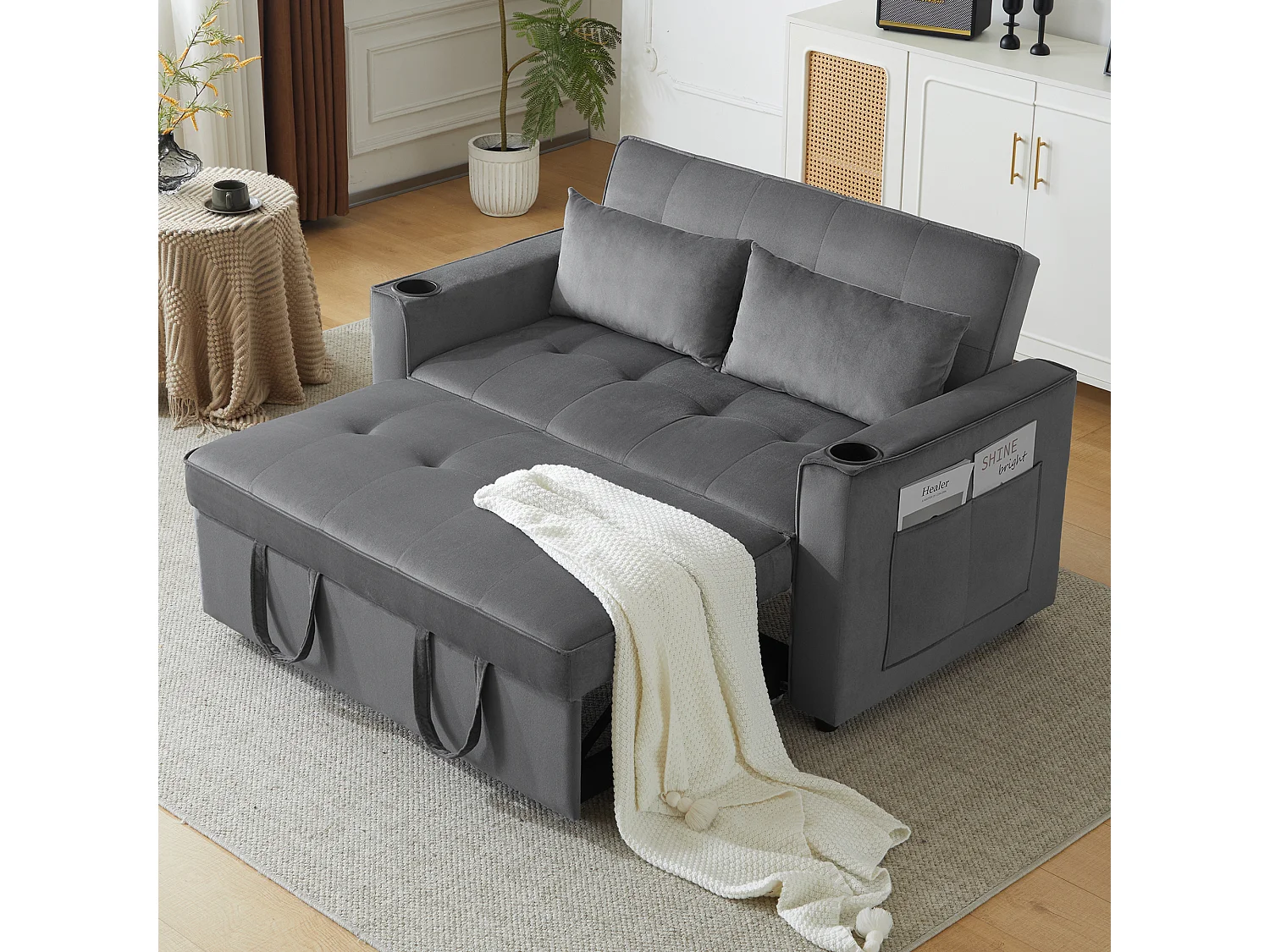 3-in-1-Sofa mit verstellbarer Rückenlehne und Getränkehaltern, grauer Samt, für kleine Räume oder Studios