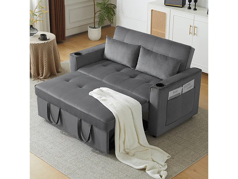 Sofá convertible 3 en 1 con respaldo ajustable y portavasos, terciopelo gris, para espacios pequeños o estudios