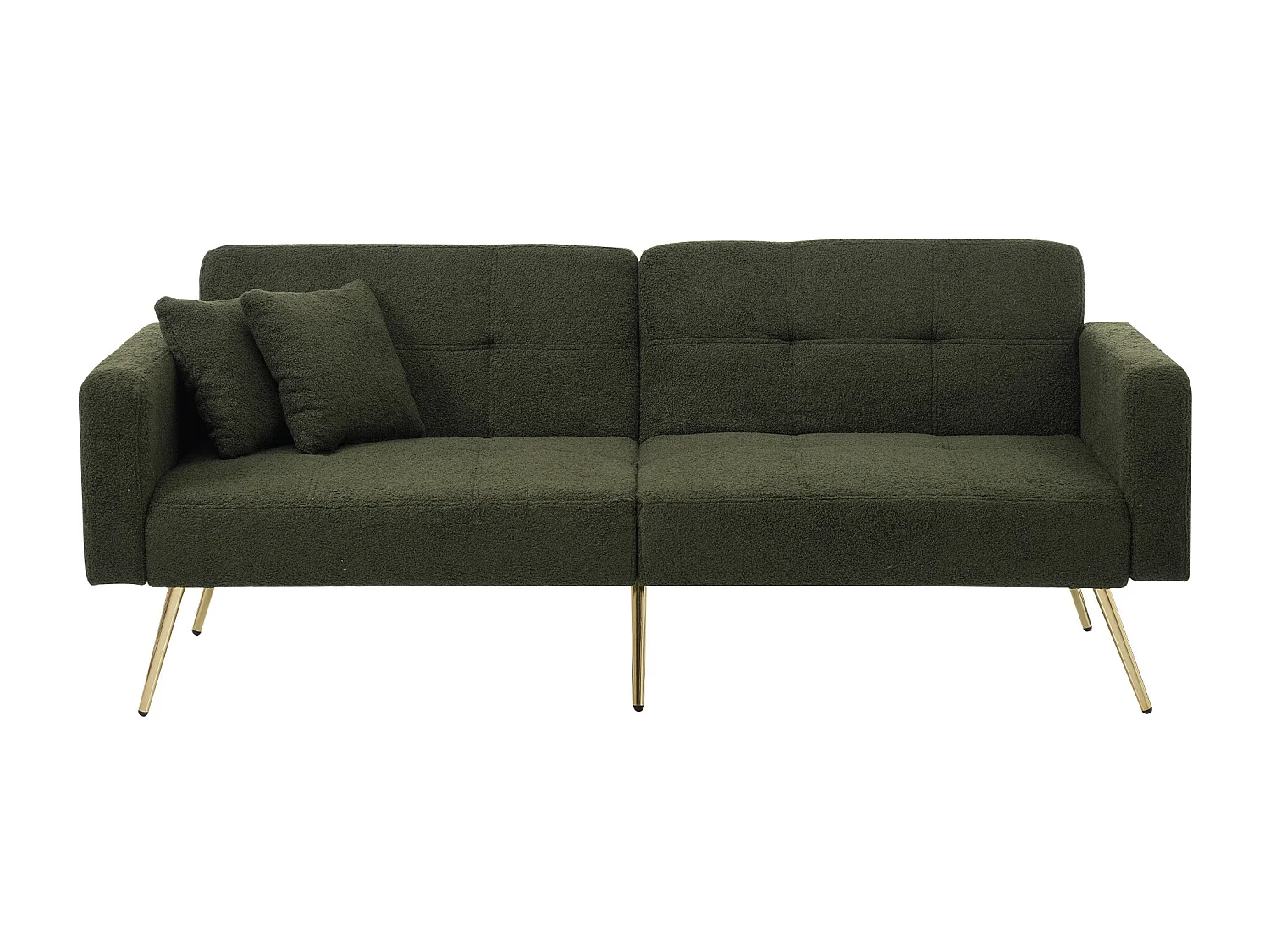 Wohnzimmersofa, grüner Plüsch, 2-Sitzer-Sofa mit verstellbarer gepolsterter Rückenlehne, goldene Beine