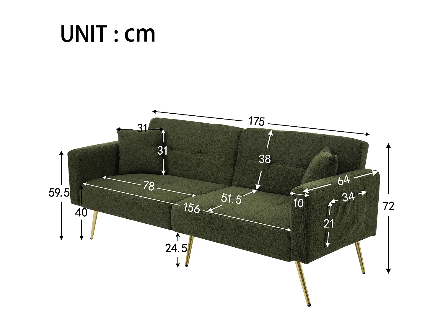 Wohnzimmersofa, grüner Plüsch, 2-Sitzer-Sofa mit verstellbarer gepolsterter Rückenlehne, goldene Beine