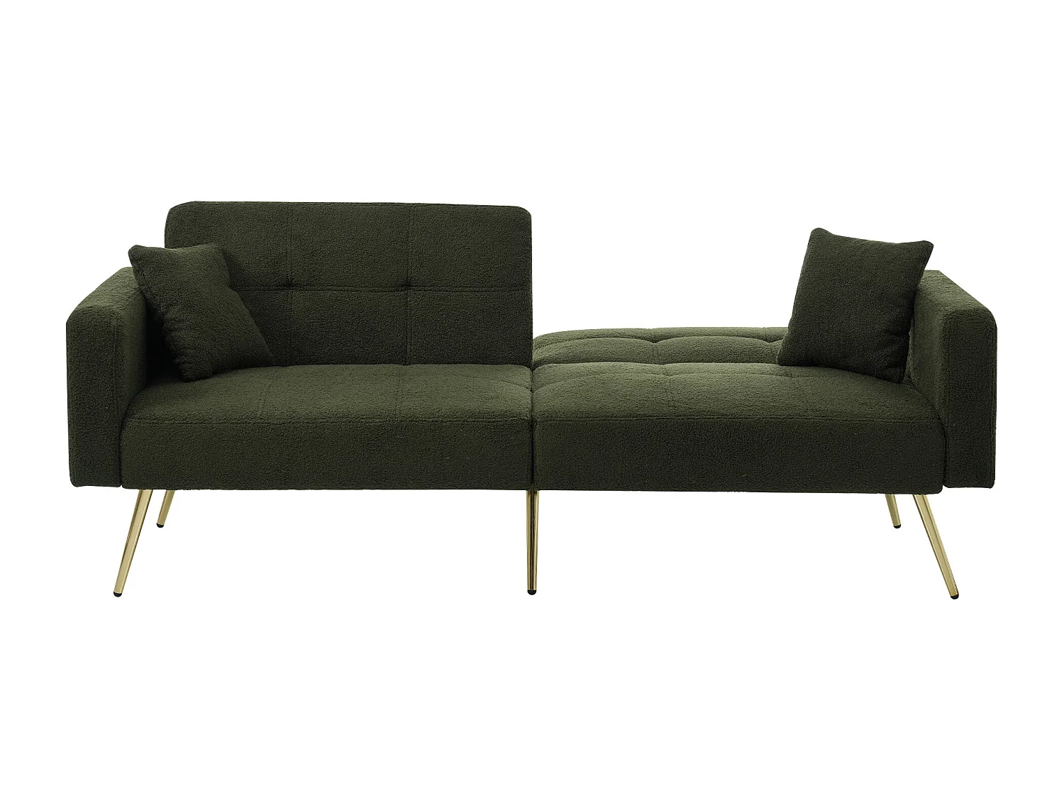 Wohnzimmersofa, grüner Plüsch, 2-Sitzer-Sofa mit verstellbarer gepolsterter Rückenlehne, goldene Beine