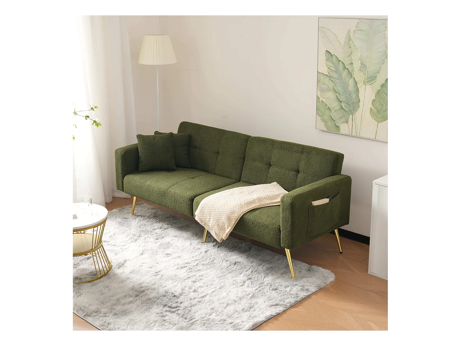 Wohnzimmersofa, grüner Plüsch, 2-Sitzer-Sofa mit verstellbarer gepolsterter Rückenlehne, goldene Beine