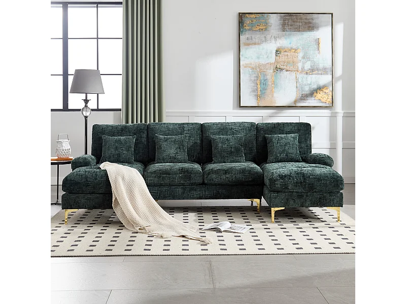 Sofá en forma de U de chenilla verde esmeralda, tapizado con cojines y cojines decorativos, para salón y dormitorio