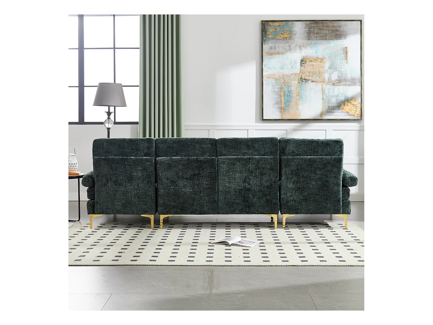 Szmaragdowozielona sofa w kształcie litery U z szenili, tapicerowana, z poduszkami i poduszkami dekoracyjnymi, do salonu i sypialni