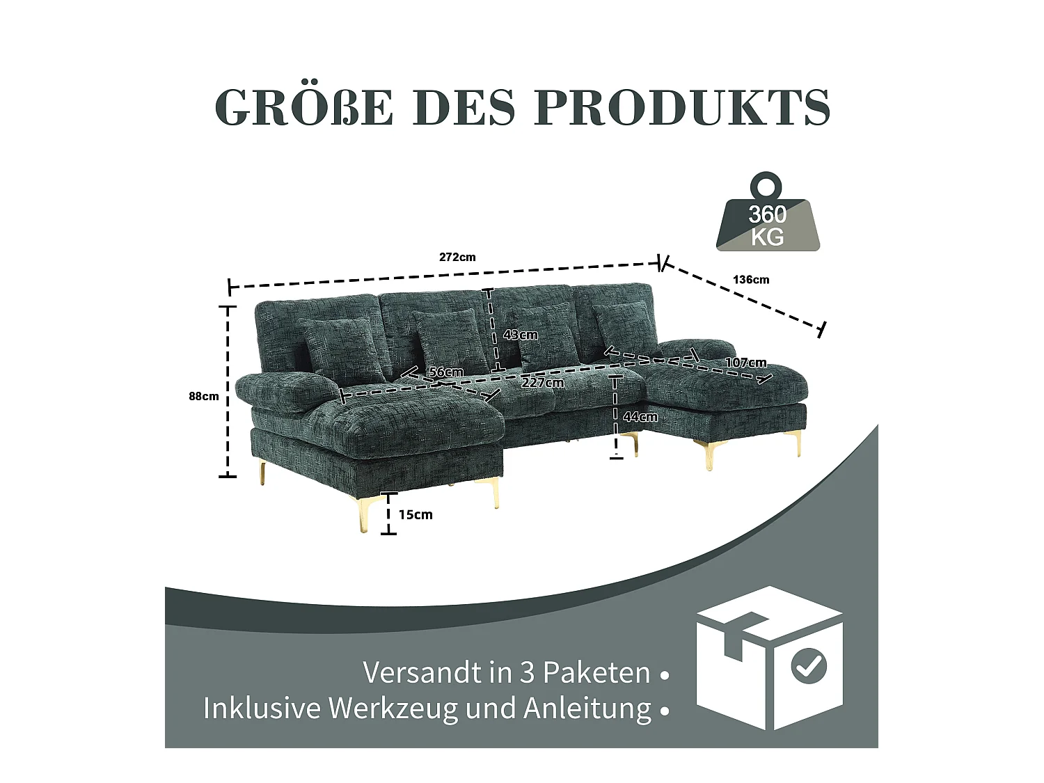 Szmaragdowozielona sofa w kształcie litery U z szenili, tapicerowana, z poduszkami i poduszkami dekoracyjnymi, do salonu i sypialni