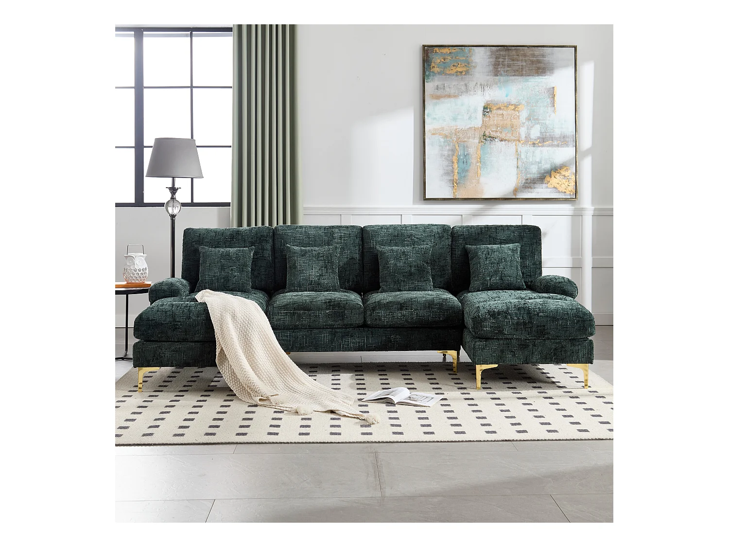 Canapé 4 places, chenille vert émeraude - Canapé rembourré avec coussins et coussins décoratifs, pour salon et chambre