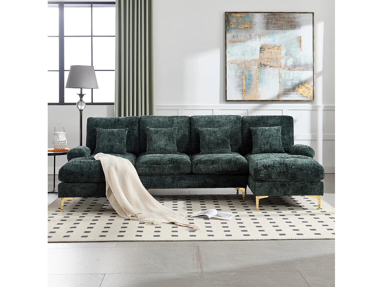 Sofá en forma de U de chenilla verde esmeralda, tapizado con cojines y cojines decorativos, para salón y dormitorio