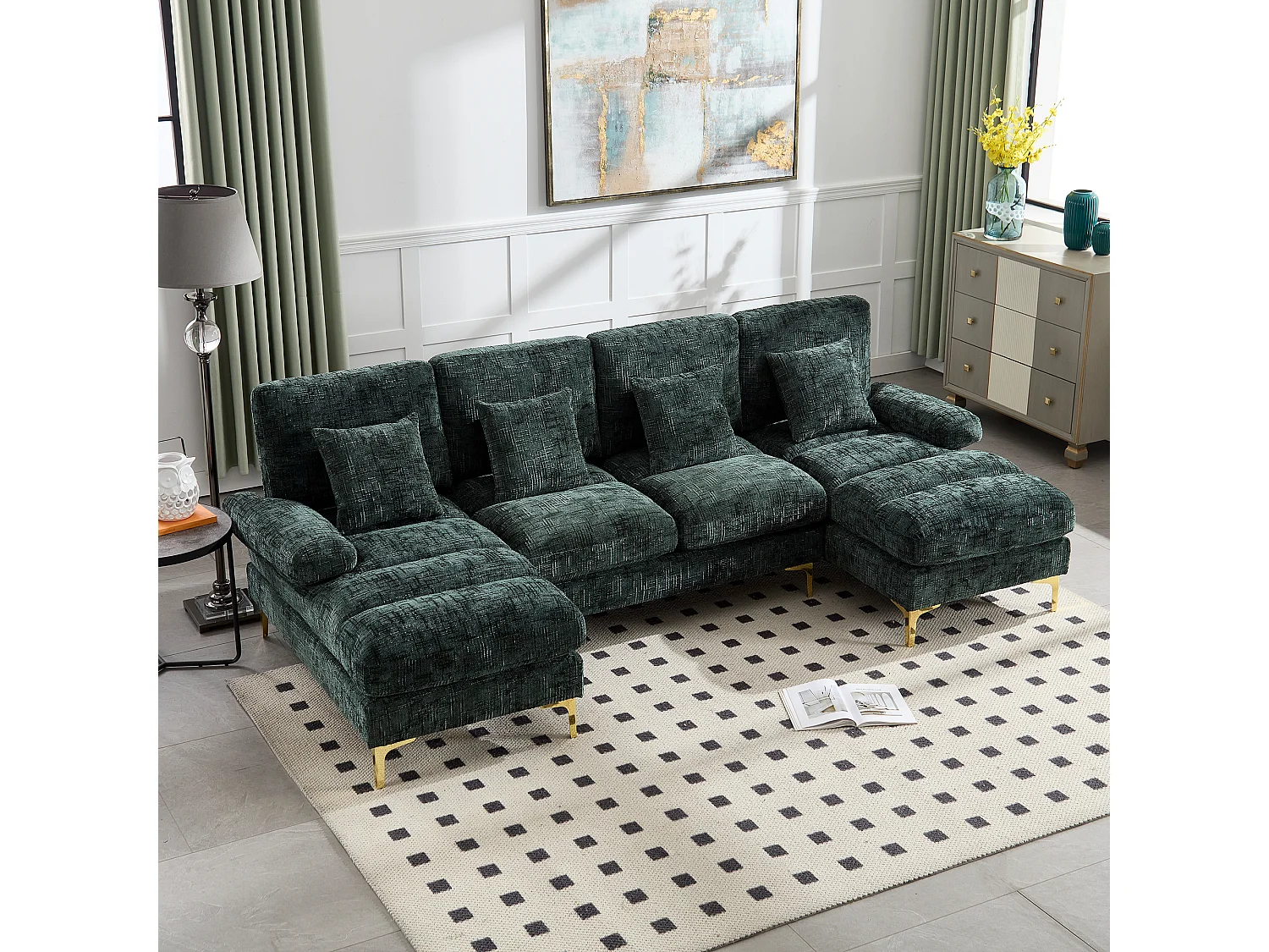 Sofá en forma de U de chenilla verde esmeralda, tapizado con cojines y cojines decorativos, para salón y dormitorio