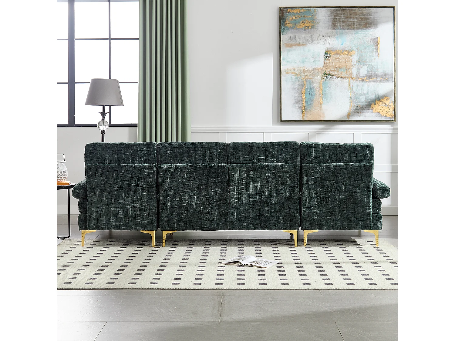 Sofá en forma de U de chenilla verde esmeralda, tapizado con cojines y cojines decorativos, para salón y dormitorio