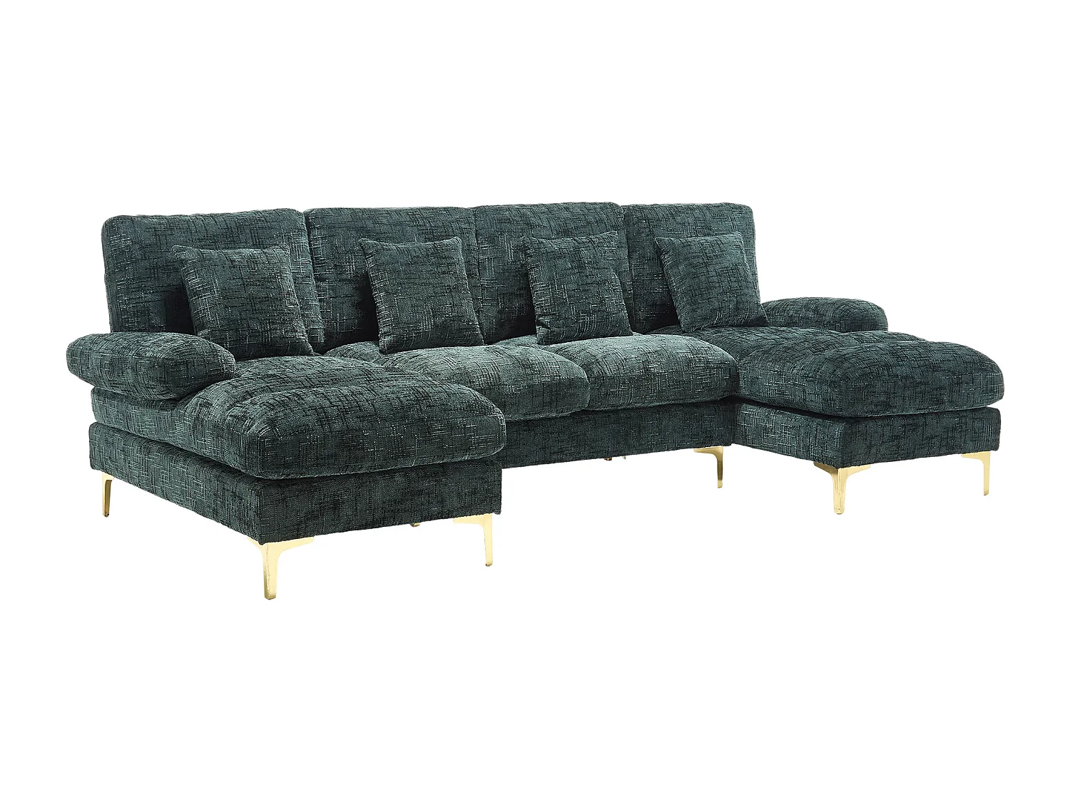 Sofá en forma de U de chenilla verde esmeralda, tapizado con cojines y cojines decorativos, para salón y dormitorio