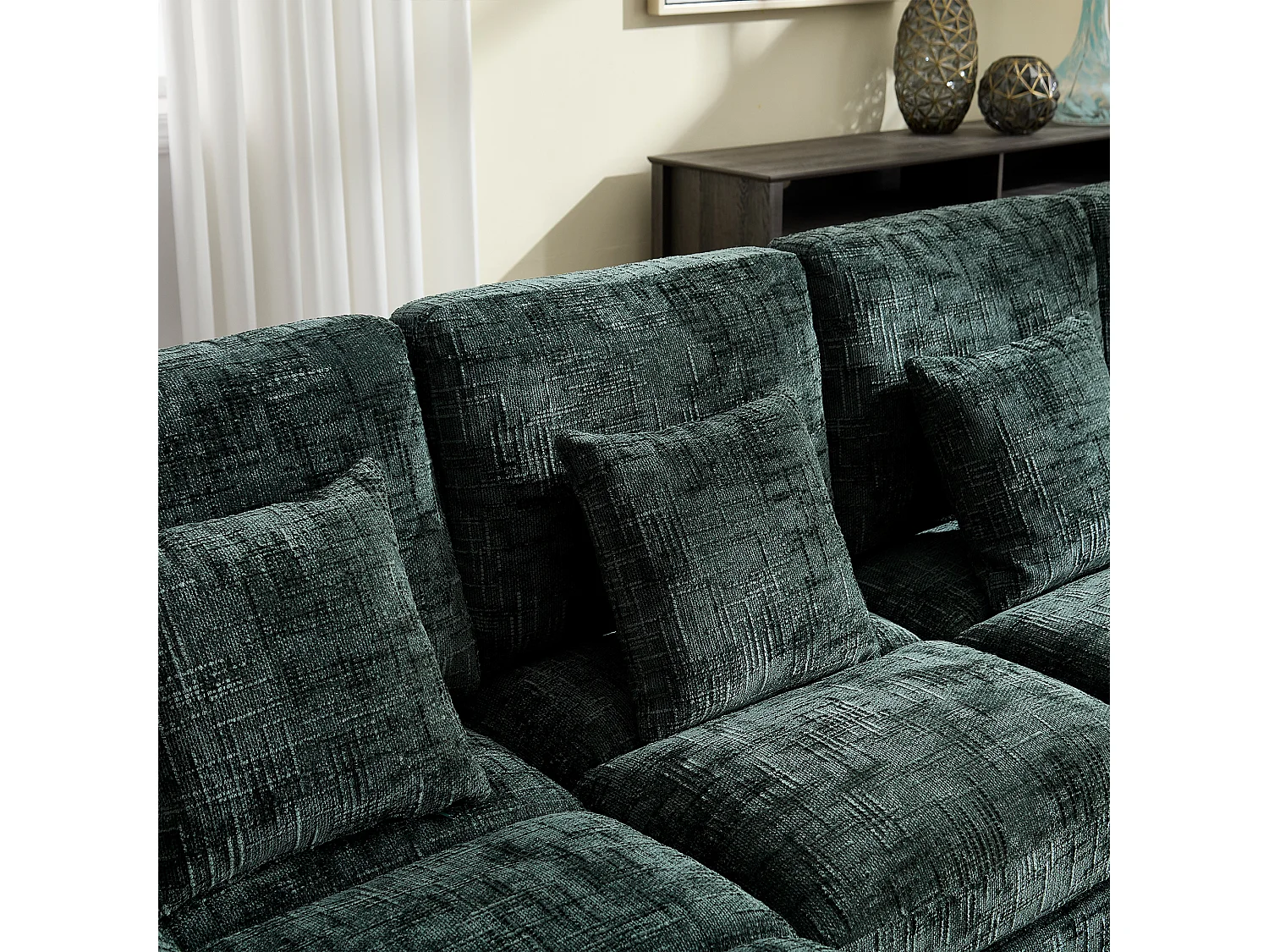 Sofá en forma de U de chenilla verde esmeralda, tapizado con cojines y cojines decorativos, para salón y dormitorio