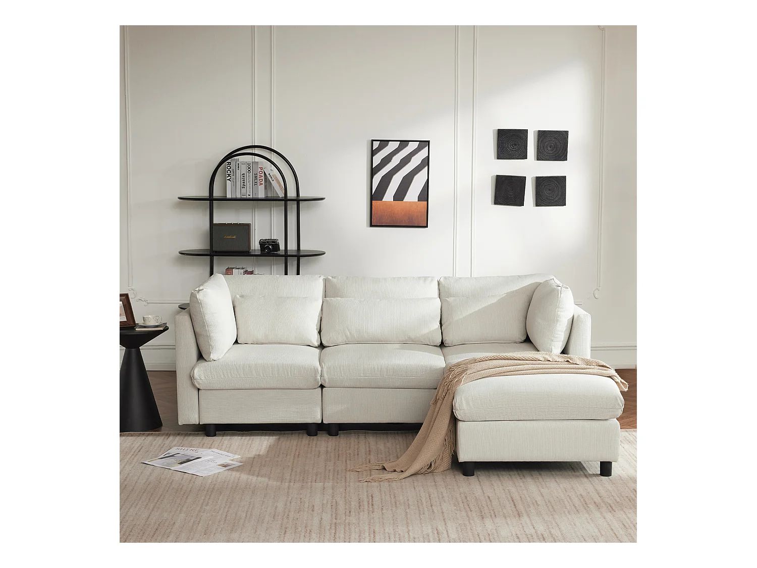 Canapé d'angle 3-4 places avec coussins et pouf, lin beige, style contemporain, pour salon ou appartement