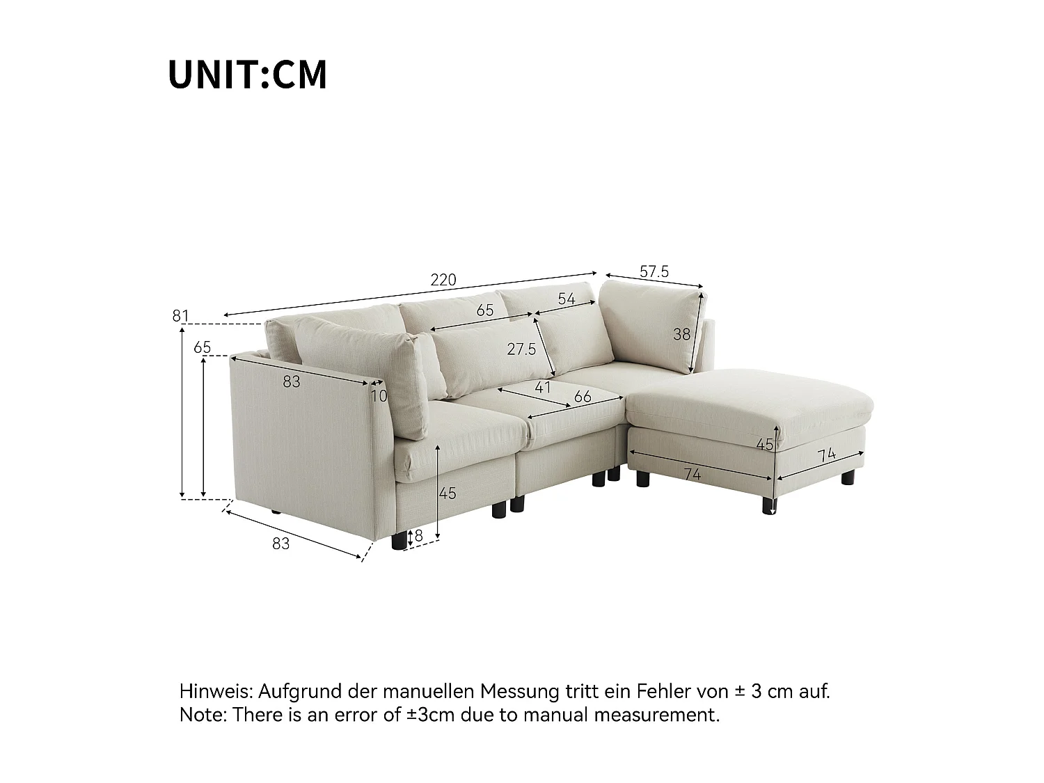 Divano angolare moderno a 3-4 posti con cuscini e pouf, in lino beige, per soggiorno o appartamento