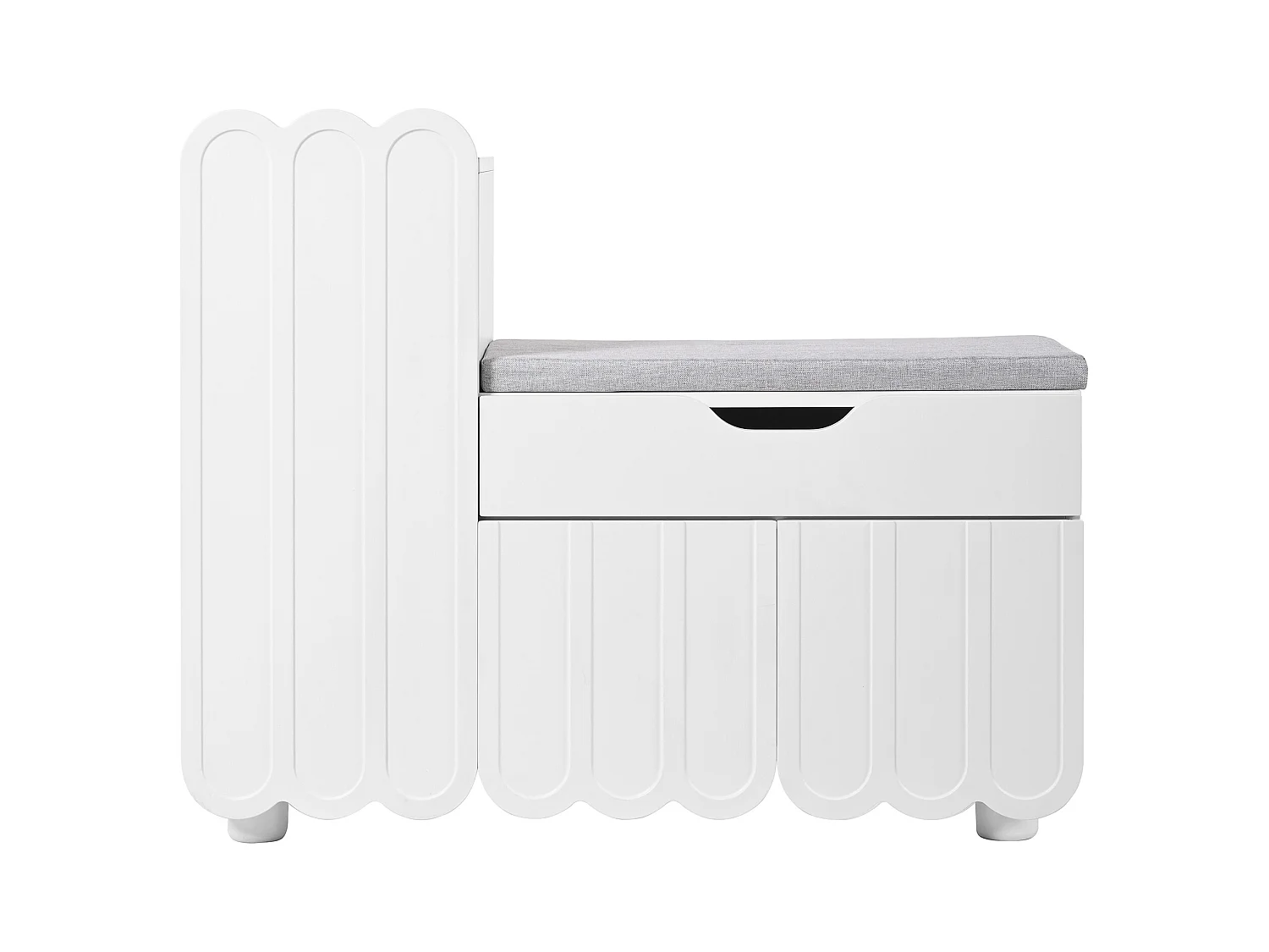 Ławka na buty z miejscem do przechowywania, 3 drzwi, 1 szuflada, siedzisko tapicerowane, kompaktowy mebel wejściowy 90x35 cm, kolor biały