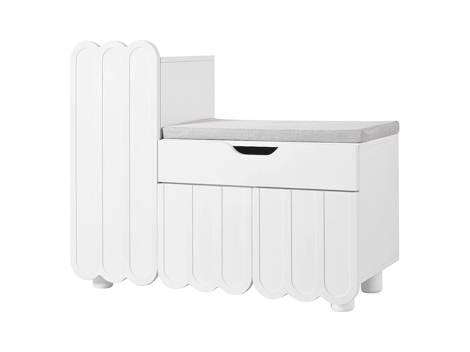 Ławka na buty z miejscem do przechowywania, 3 drzwi, 1 szuflada, siedzisko tapicerowane, kompaktowy mebel wejściowy 90x35 cm, kolor biały