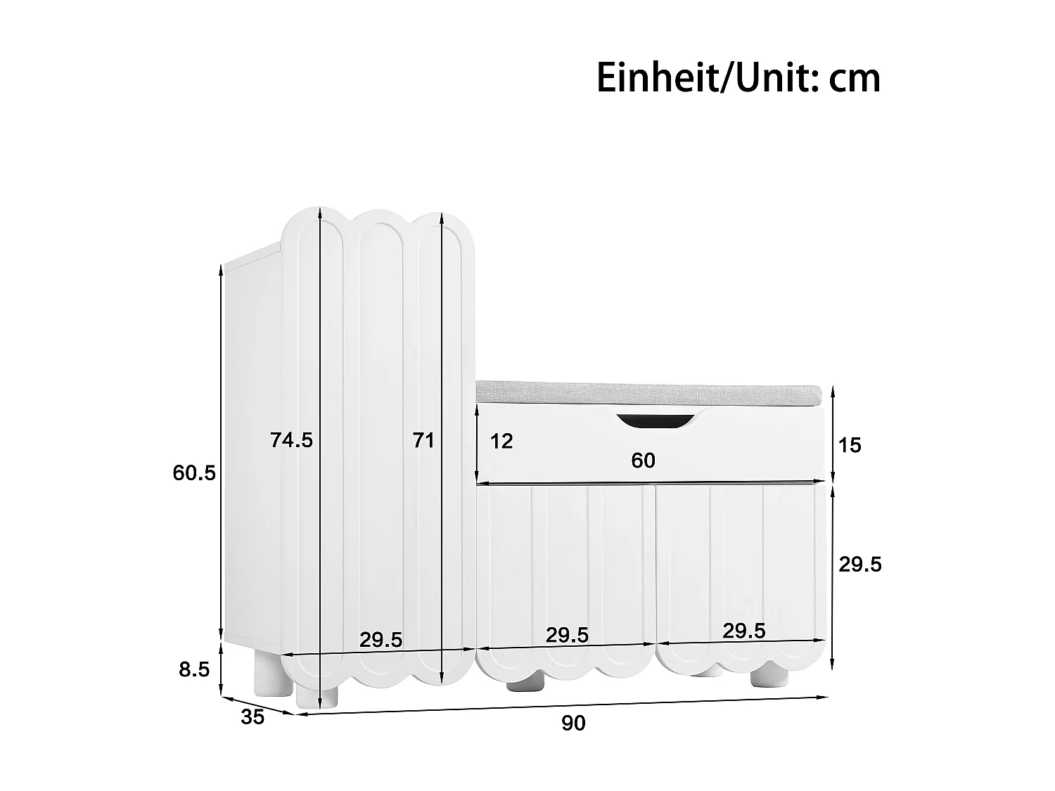 Schoenenbank met opbergruimte, 3 deuren, 1 lade, gestoffeerde zitting, compact entreemeubel 90x35 cm, wit