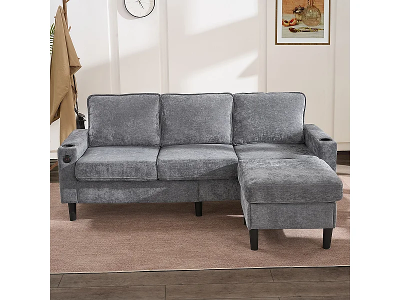 3-zitsbank, grijs linnen, L-vormige bank met USB- en Type-C-aansluitingen, 2 bekerhouders, voor woonkamer en slaapkamer