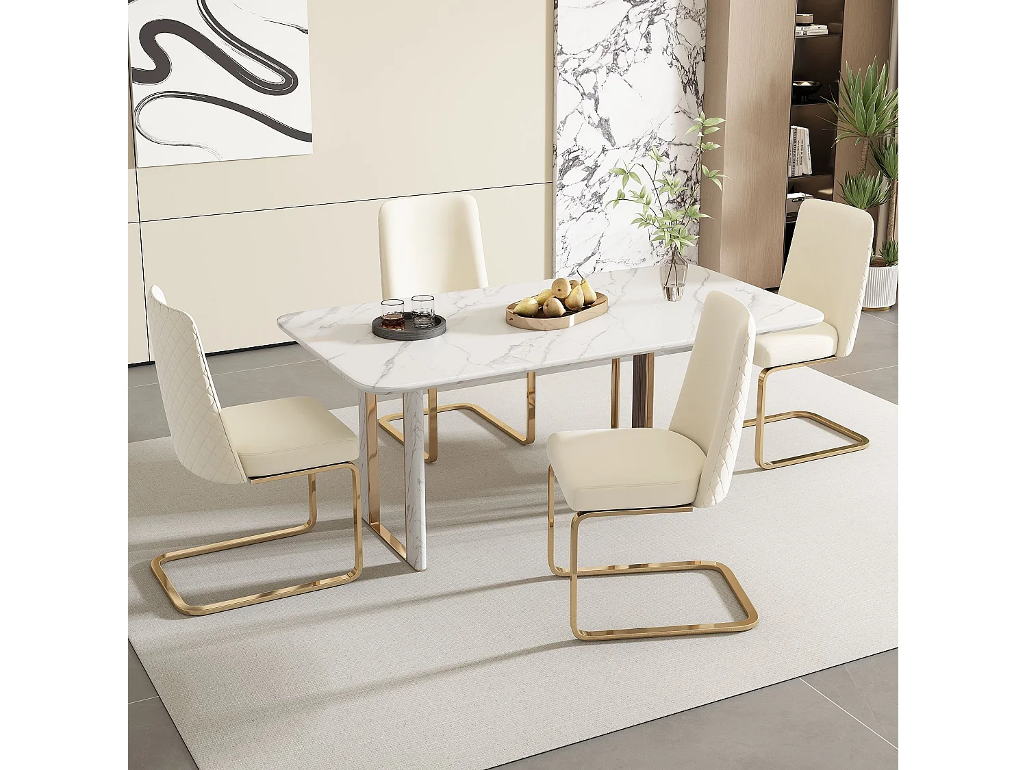 Lot de 4 chaises de salle à manger, velours beige, chaise avec dossier rembourré, pieds dorés