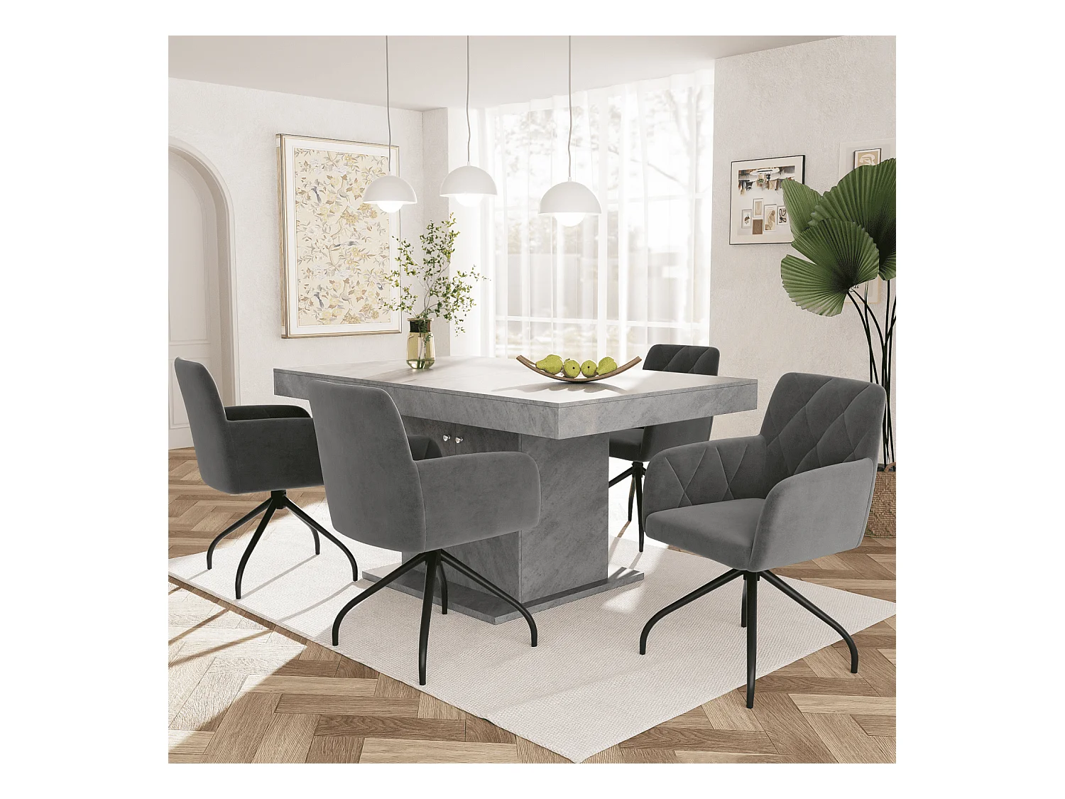 Lot de 4 chaises de salle à manger pivotantes, velours gris foncé, chaise avec accoudoirs et dossier, pieds en métal