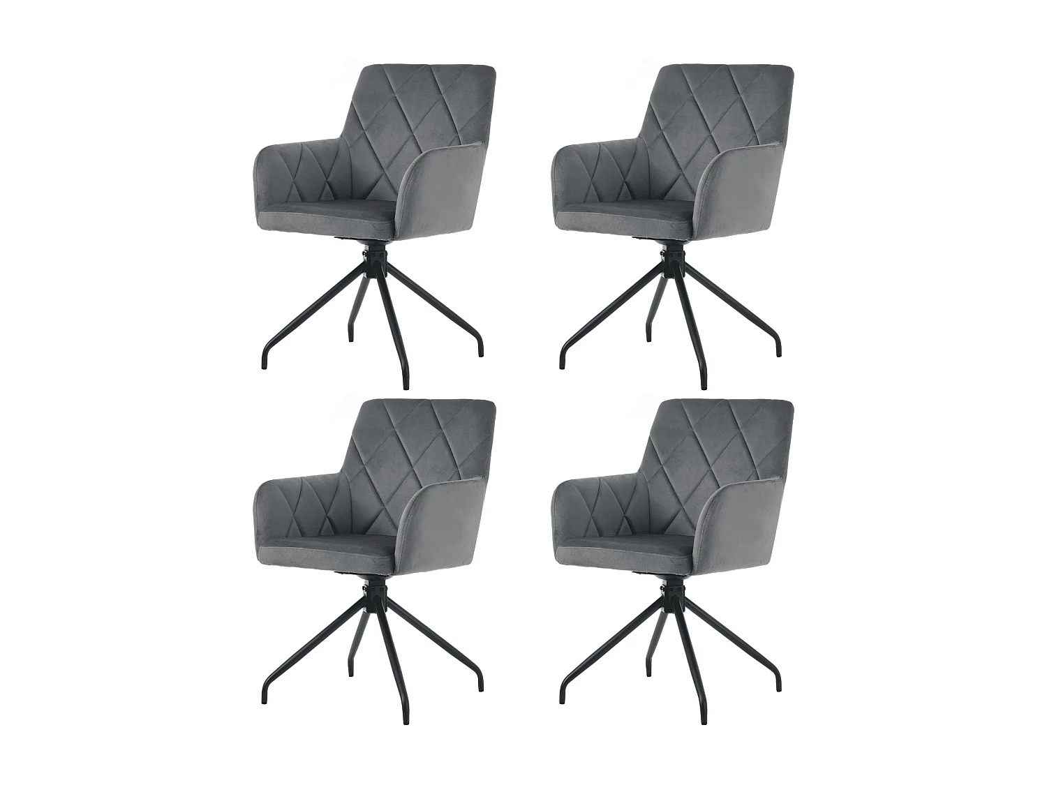 Juego de 4 sillas de comedor giratorias de terciopelo gris oscuro con reposabrazos y respaldo y patas de metal