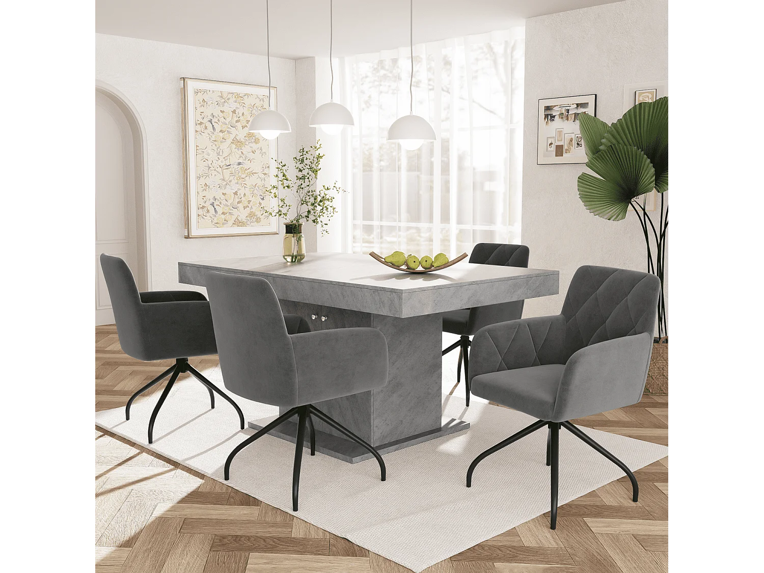 Lot de 4 chaises de salle à manger pivotantes, velours gris foncé, chaise avec accoudoirs et dossier, pieds en métal