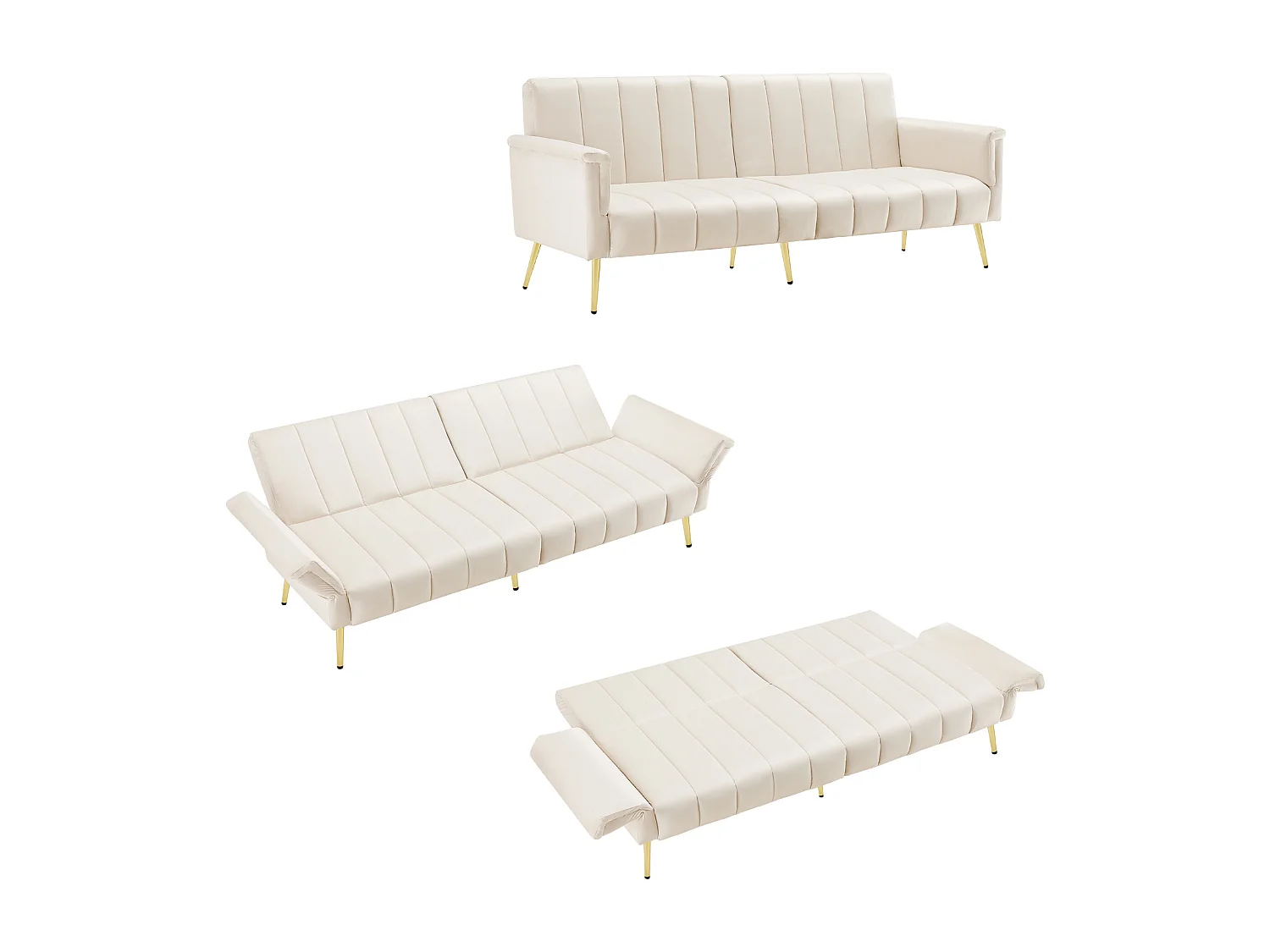 Modernes beiges Samtsofa mit verstellbarer Rückenlehne und Armlehnen – für Wohnzimmer, Schlafzimmer oder Heimkino