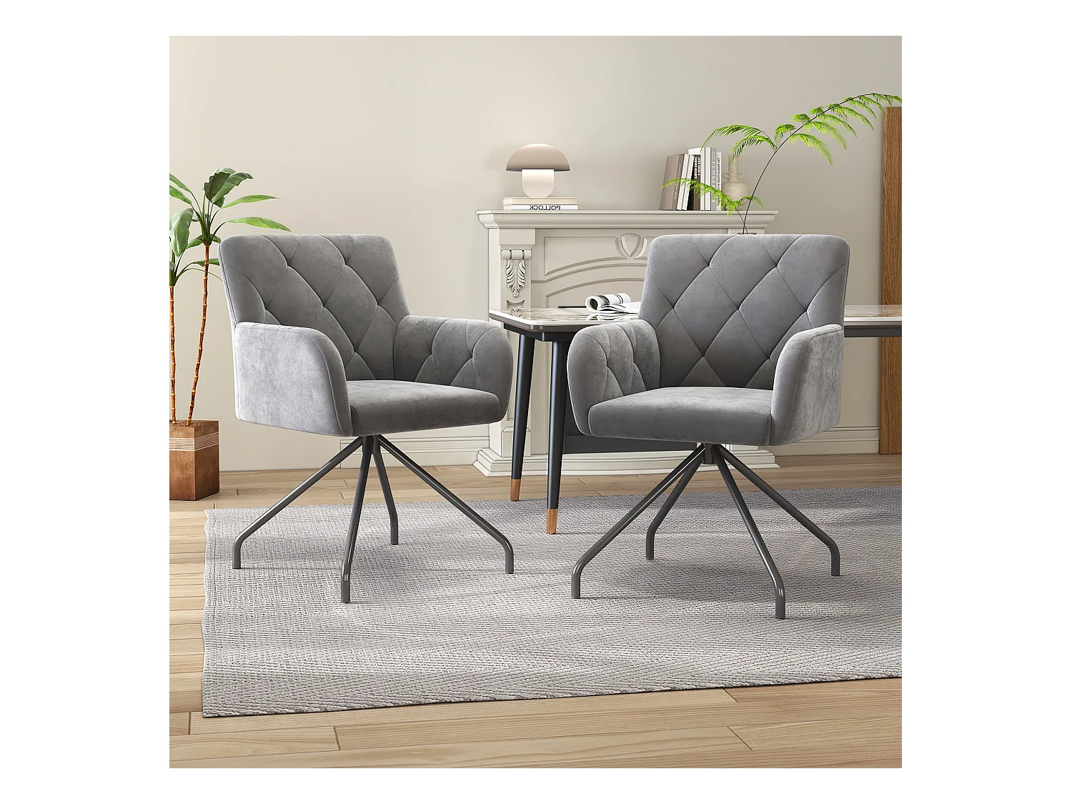 Lot de 2 chaises de salle à manger, velours gris clair, chaise avec dossier à motif losange, pieds en métal noir
