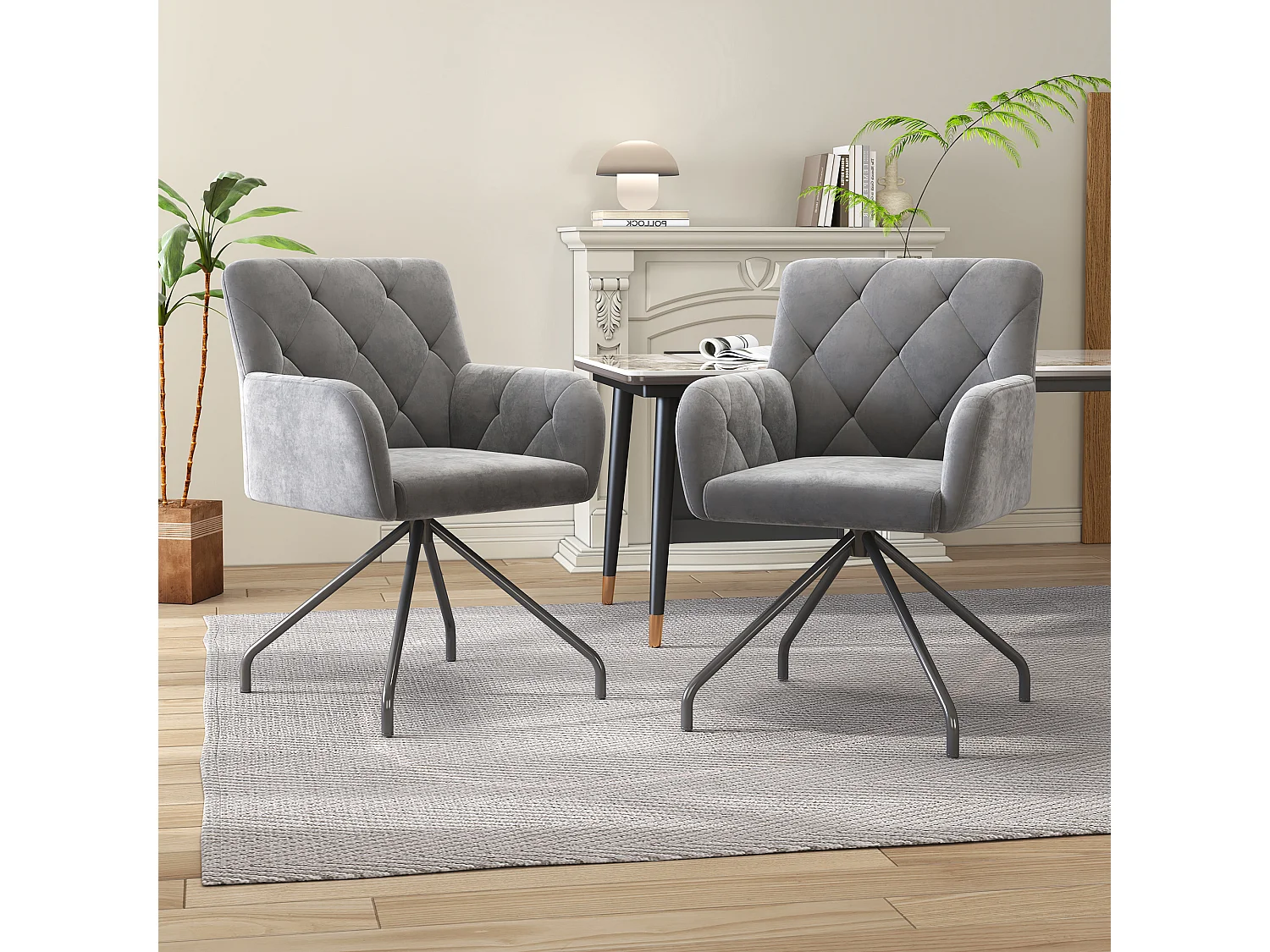 Set van 2 eetkamerstoelen, lichtgrijs fluweel, stoel met rugleuning met ruitpatroon, zwarte metalen poten