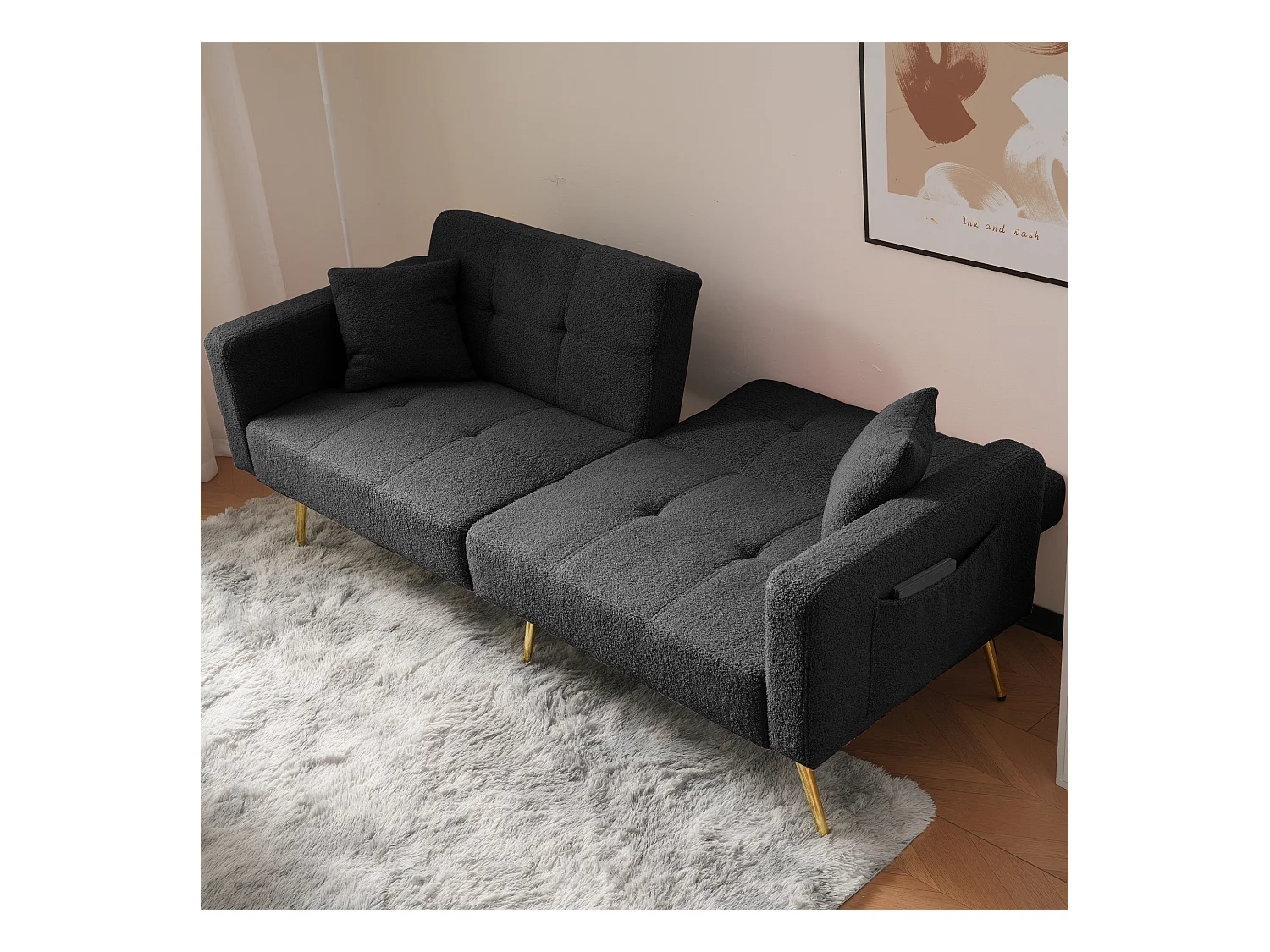 Wohnzimmersofa, dunkelgrauer Plüsch, Zweisitzer mit verstellbarer, gepolsterter Rückenlehne, goldene Beine