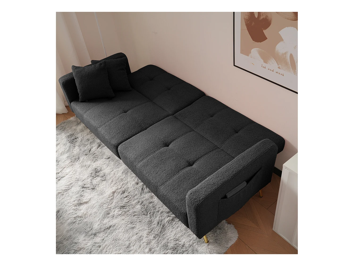 Wohnzimmersofa, dunkelgrauer Plüsch, Zweisitzer mit verstellbarer, gepolsterter Rückenlehne, goldene Beine