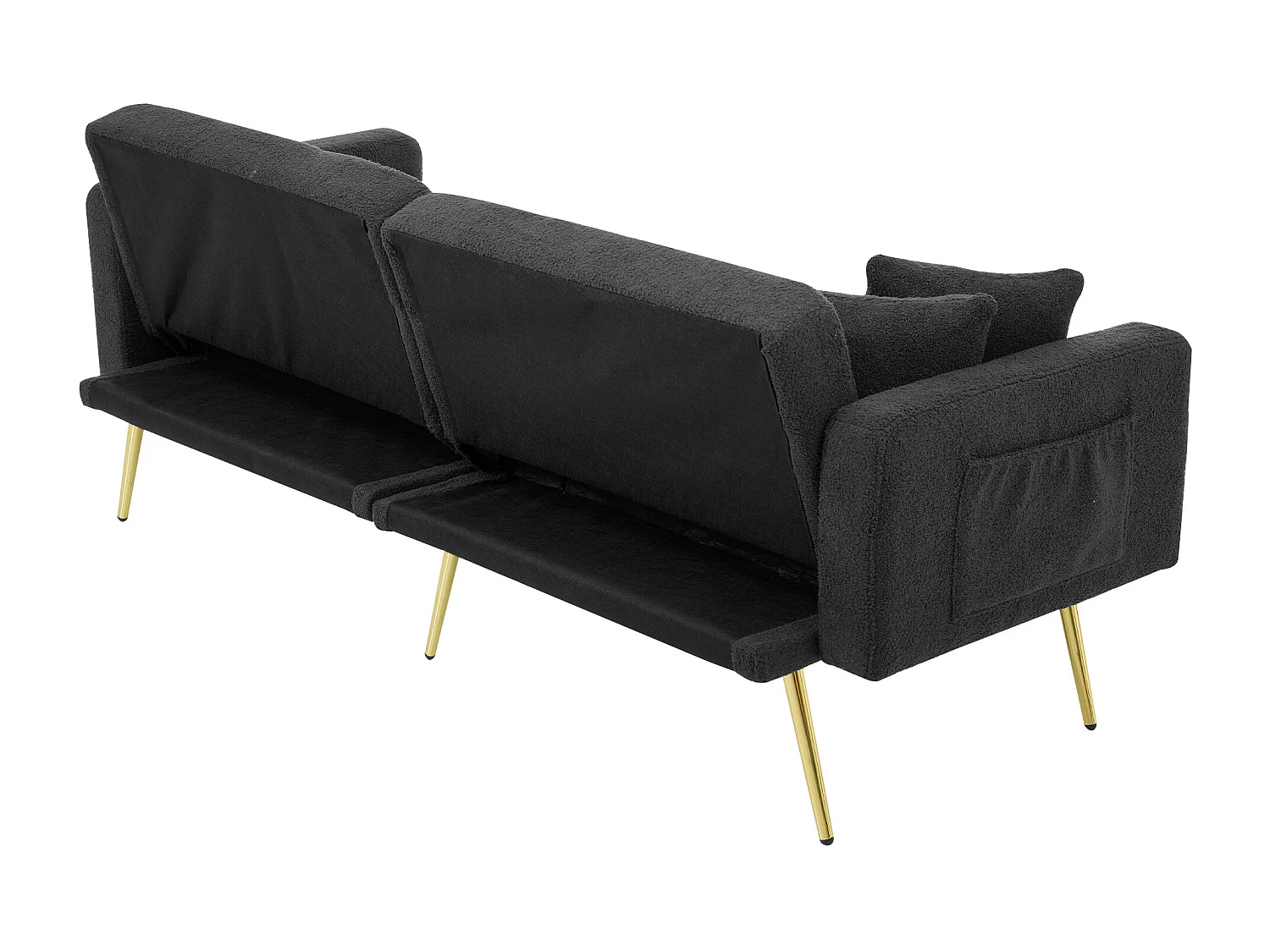 Canapé 2 places, peluche gris foncé, avec dossier rembourré réglable, pieds dorés