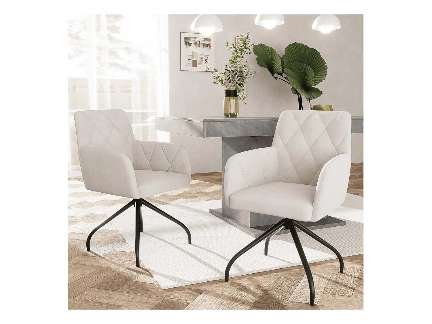 Lot de 2 chaises de salle à manger pivotantes, velours beige, chaise avec accoudoirs et dossier, pieds en métal