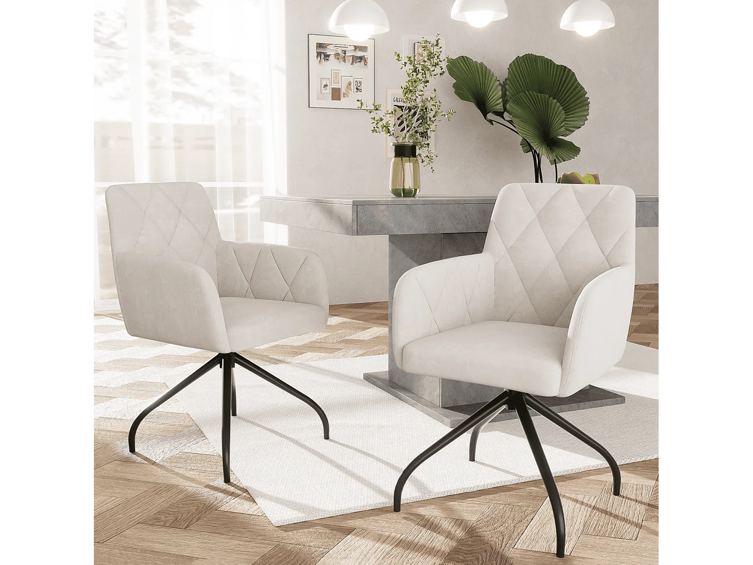 Lot de 2 chaises de salle à manger pivotantes, velours beige, chaise avec accoudoirs et dossier, pieds en métal