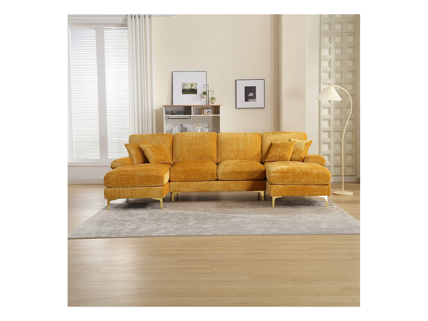 Żółta sofa w kształcie litery U z szenili, tapicerowana, z poduszkami i poduszkami dekoracyjnymi, do salonu i sypialni