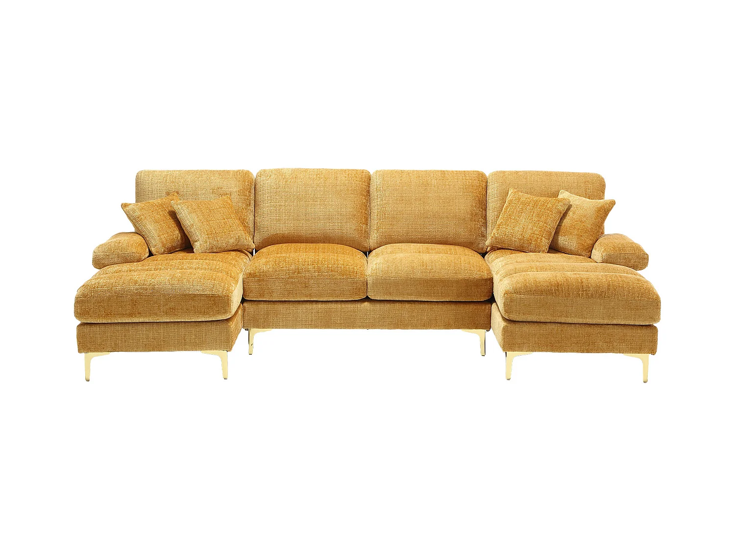 Żółta sofa w kształcie litery U z szenili, tapicerowana, z poduszkami i poduszkami dekoracyjnymi, do salonu i sypialni