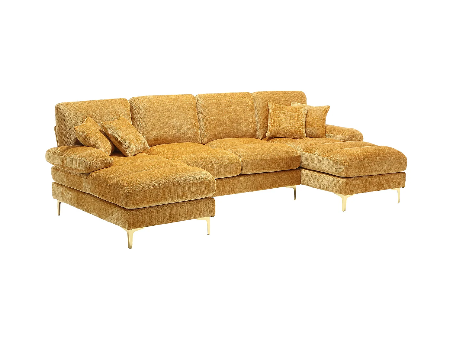 Żółta sofa w kształcie litery U z szenili, tapicerowana, z poduszkami i poduszkami dekoracyjnymi, do salonu i sypialni