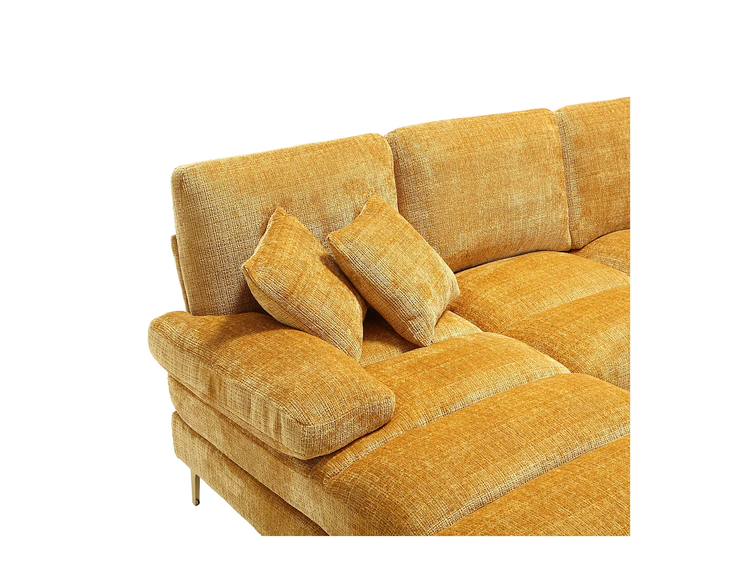 Żółta sofa w kształcie litery U z szenili, tapicerowana, z poduszkami i poduszkami dekoracyjnymi, do salonu i sypialni