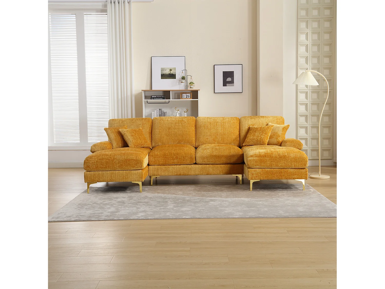 Canapé 4 places, chenille jaune, Canapé rembourré avec coussins et coussins décoratifs - pour salon et chambre