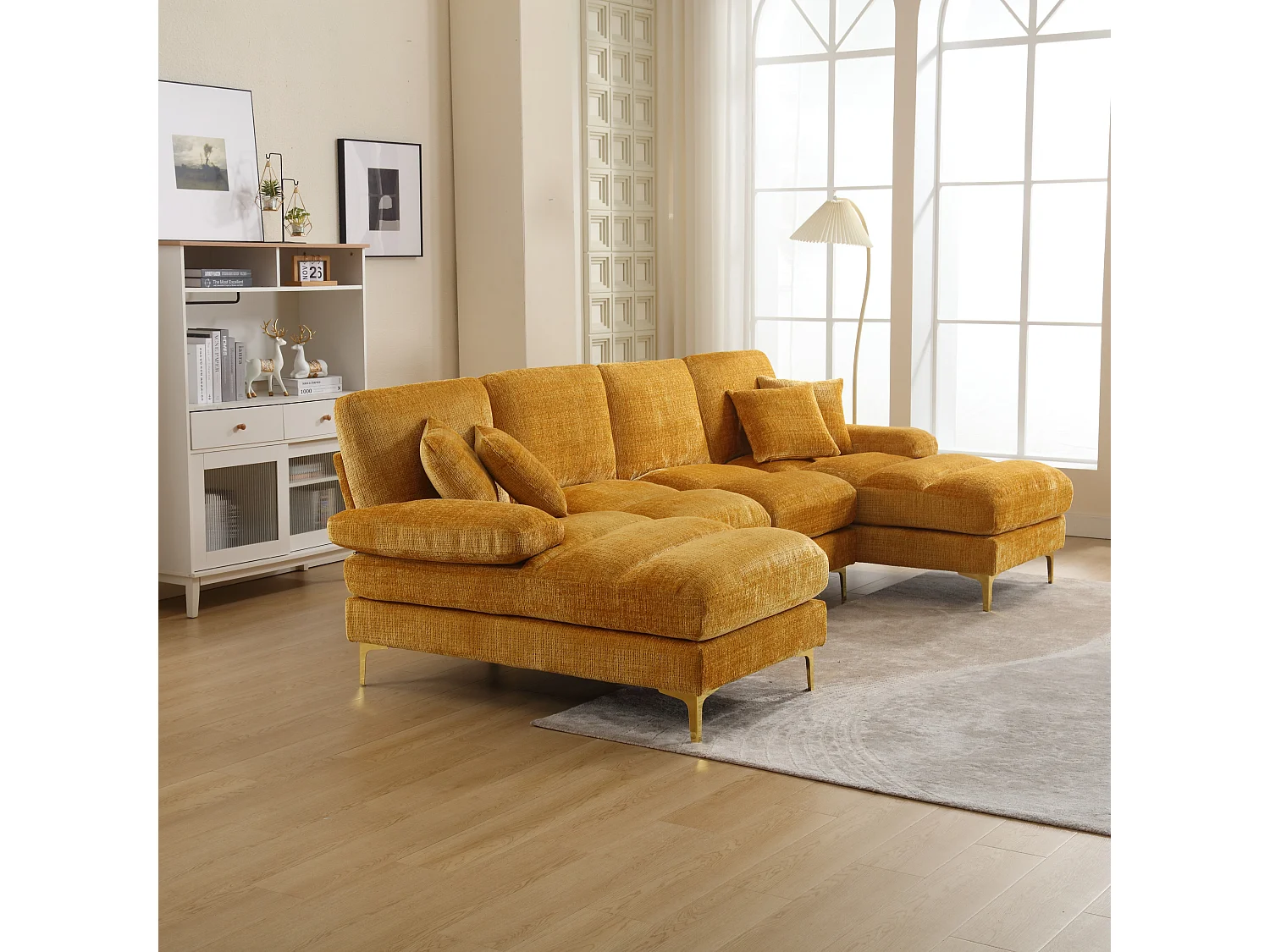 Canapé 4 places, chenille jaune, Canapé rembourré avec coussins et coussins décoratifs - pour salon et chambre